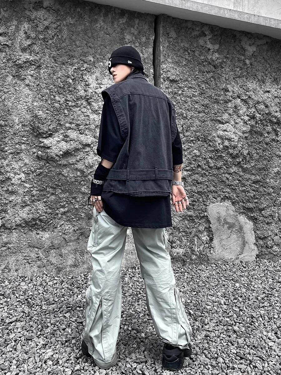 EDDACHIC Function Pockets Cargo Sleeveless Denim Jacket Men Retro Black Wash Fall Layering Vest Casual Grunge Y2k Streetwear 250207