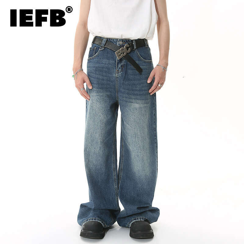 IEFB 2025 Spring New Trendy Jeans Metal Ring Design Gradient Color Washed Straight Male Denim Pants Wide Leg Casual 9C354