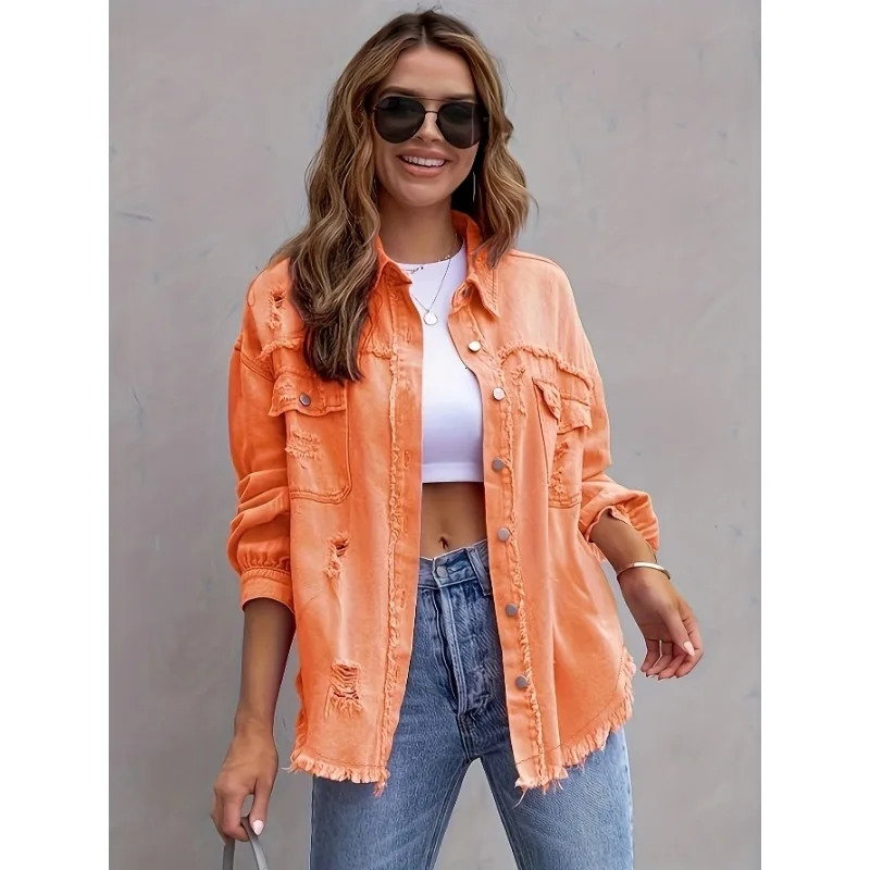 2024 Broken Holes Solid Color Denim Jacket Ladies Comfortable Casual Loose Button Cardigan Coat Streetwear Womens Outerwear 250208Z