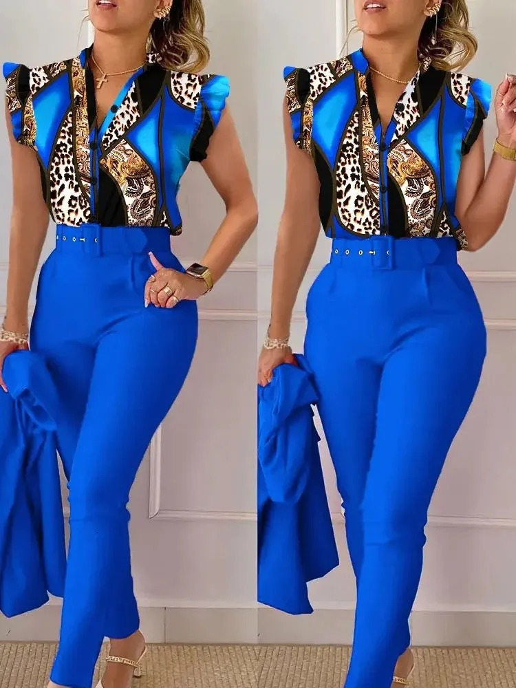 Womens Elegant Slim Two-Piece Sets Summer Fashion Print V Neck Button Flying Sleeve Shirt Top Solid Long Pants Suits With Belt 250207