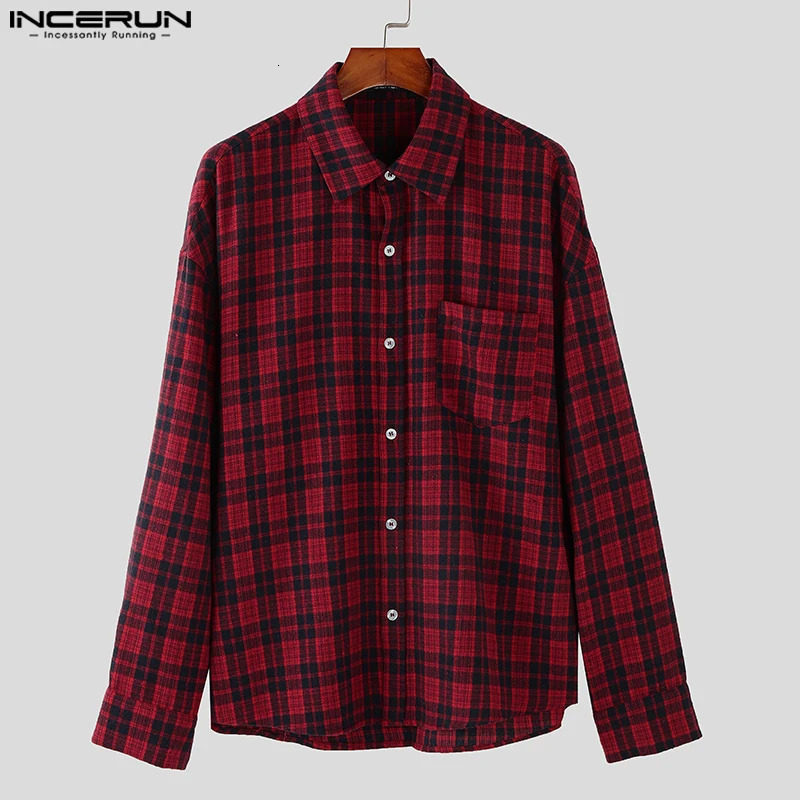 Korean Harajuku Handsome Men Shirts INCERUN Casual Long Sleeve Plaid Splicing Turn Down Collar Tops Loose Bottuns Blouses 250207