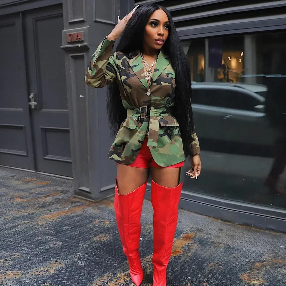 Womens OL Work Long Sleeve Notched Collar Street Trailblazer INS Camouflage Printed Belt Trailblazer Top Street Coat 250207