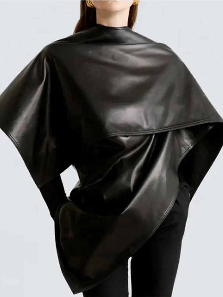 Shawl Cloak Leather Jacket Black Short Trench Coat Scarf Overcoat Niche n Temperament Fashion Loose Cape Fall Winter Women 250107Z