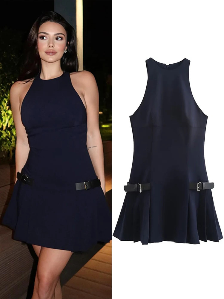 Fashion Y2K pleated mini womens clothing 2025 elegant sleeveless Oneck chic evening dress club party vest 250208Z