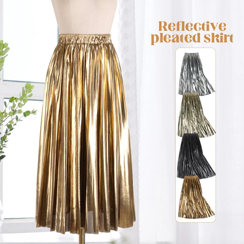 High Waist ALine Midi Pleated Skirt For Women 2024 In Autumn Winter Korean Fashion Gold Silver Elegant Long Skirts 250208Z