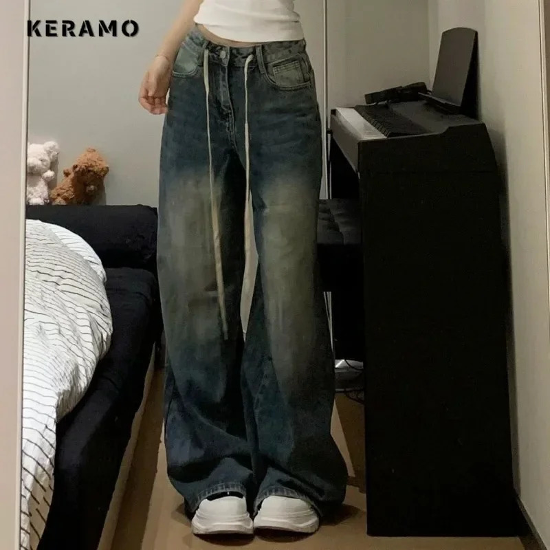 Harajuku Vintage Drawstring High Waist Loose Jeans Autumn Pants Winter Womens Y2K Wide Leg Baggy Streetwear Denim Trouser 250206