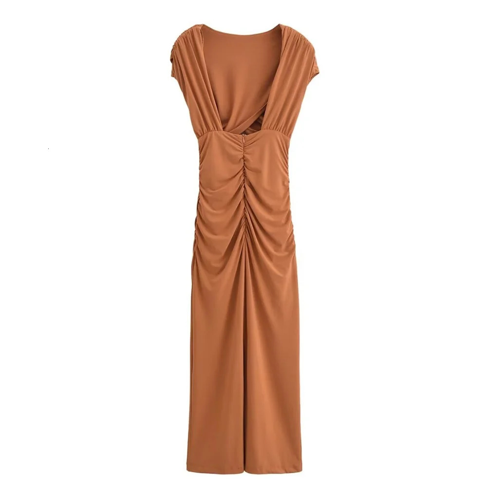 TRAF Autumn product womens warm simple open n pleated short sleeved slim fit backless long skirt Midi dress 250207