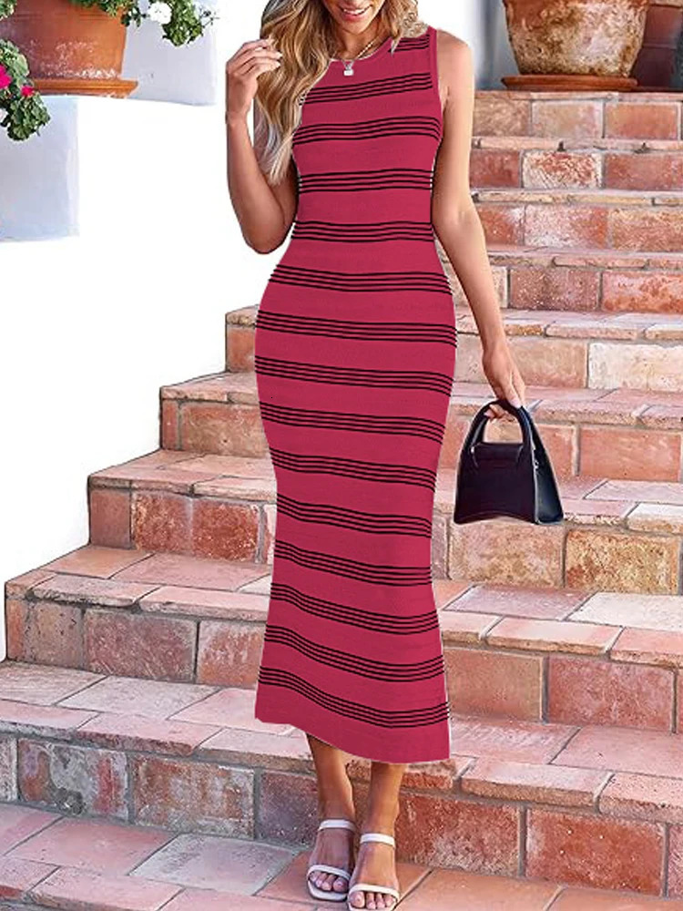 Summer Striped Knitted Dress O Neck Sleeveless Side Slit Skirts Casual Womens Long Dresses Slim Sundress Streetwear Midi 250207
