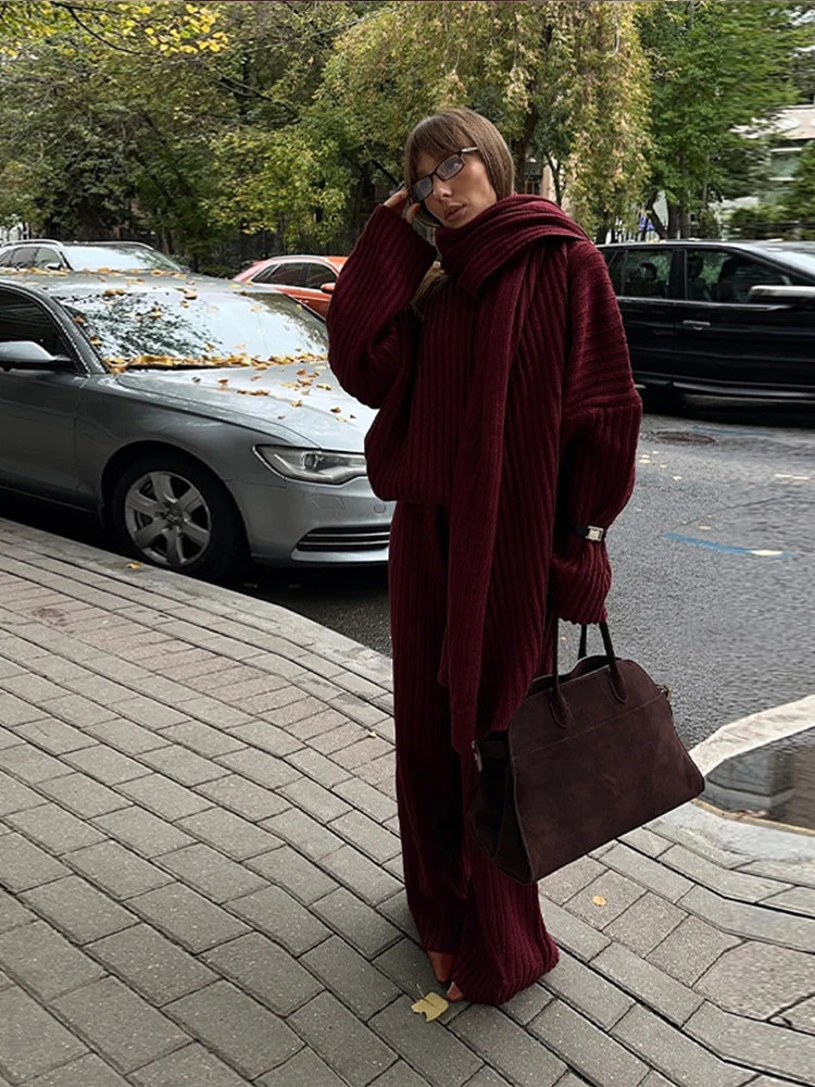 Elegant Burgundy Color Womens Loose Wide Leg Pants Set Chic Scarf Collar V-neck Knitted Sweater Suits Lady Street Knitwear 250207