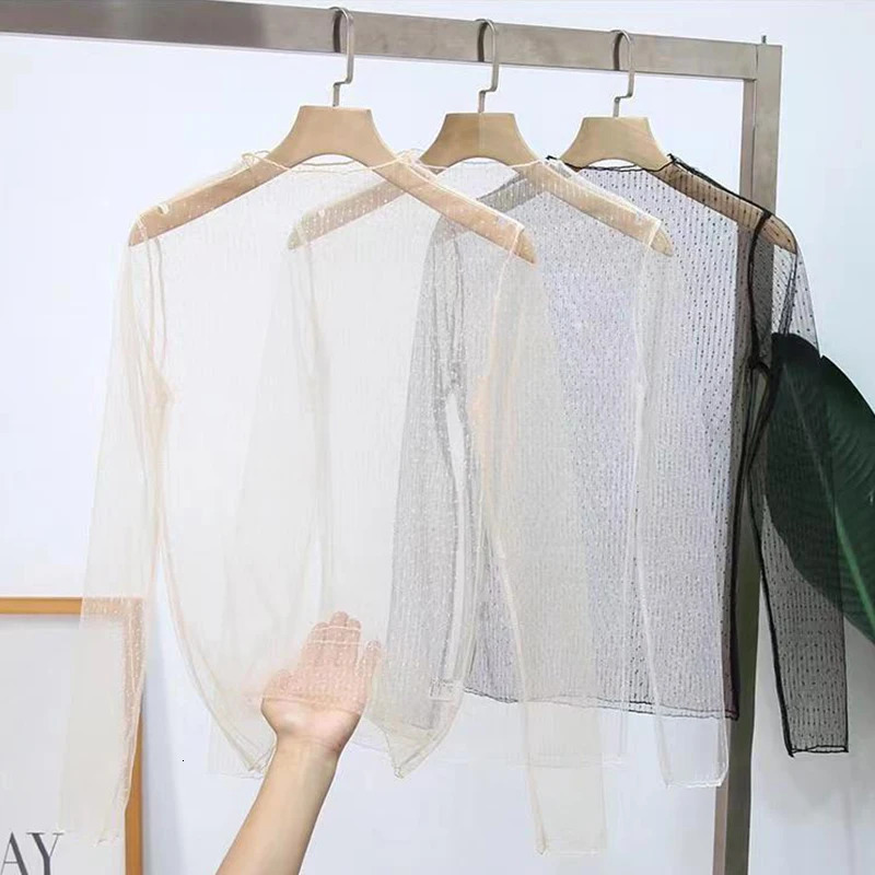 Summer Sexy Women Perspective Lace Mesh TShirt Long Sleeve Pullover Tees Loose See Through Tunic Tops Bottoming Shirts 250114