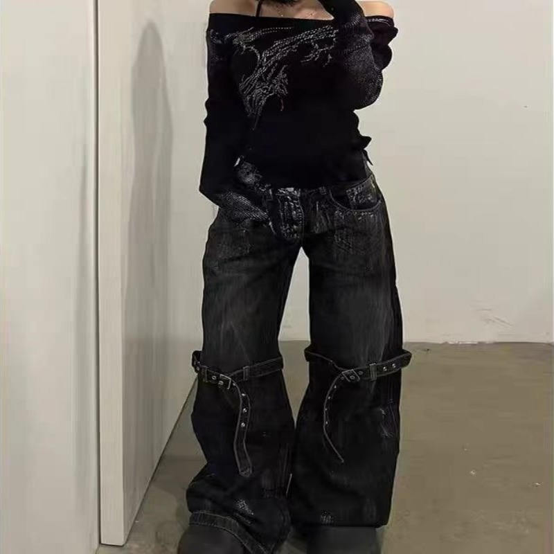 HOUZHOU Black Womens Jeans High Waist Hip Hop Straight Fashion Pants Streetwear Harajuku Y2K Star Female Wide Leg Denim Trouser 250206