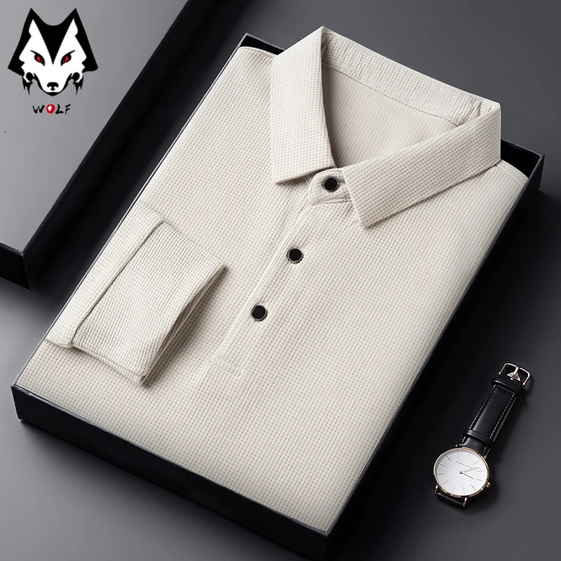 Mens Casual Waffle Polo Tshirt Breathable Comfortable Fashion Long Sleeve 250121