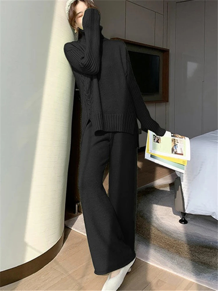 Autumn Winter 2 Pieces Women Sets Knitted Tracksuit Turtleneck Sweater and Wide Leg Jogging Pant Pullover Suits 250207