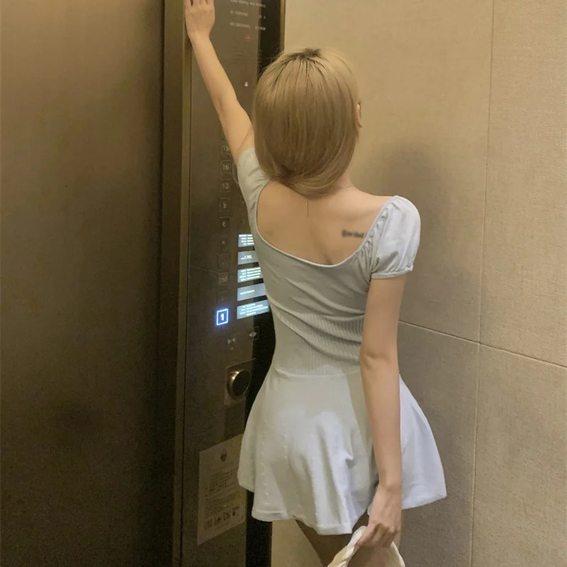 Sweet Short Ballet Style Dress Knitted Weight Loss Bubble Sleeves Solid Color Casual Summer 250208Z