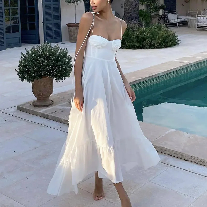 TRAF White Long Dresses 2024 Women Summer Elegant Evening Party Butterfly Midi Dress Ladies Fashion Pleated Slip 250207