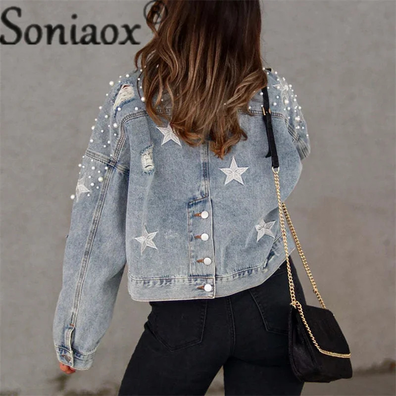 Fashion Bead Button Splicing Split Back Hem Denim Jackets Women Autumn Winter Single-breasted Cardigan Coat Casual Outerwear 250122