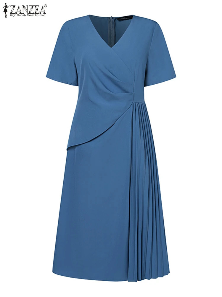 Summer Women Elegant OL Work Sundress V Neck Party Dress 2024 ZANZEA Fashion Short Sleeve Femme Solid Pleated Midi Dresses 250207
