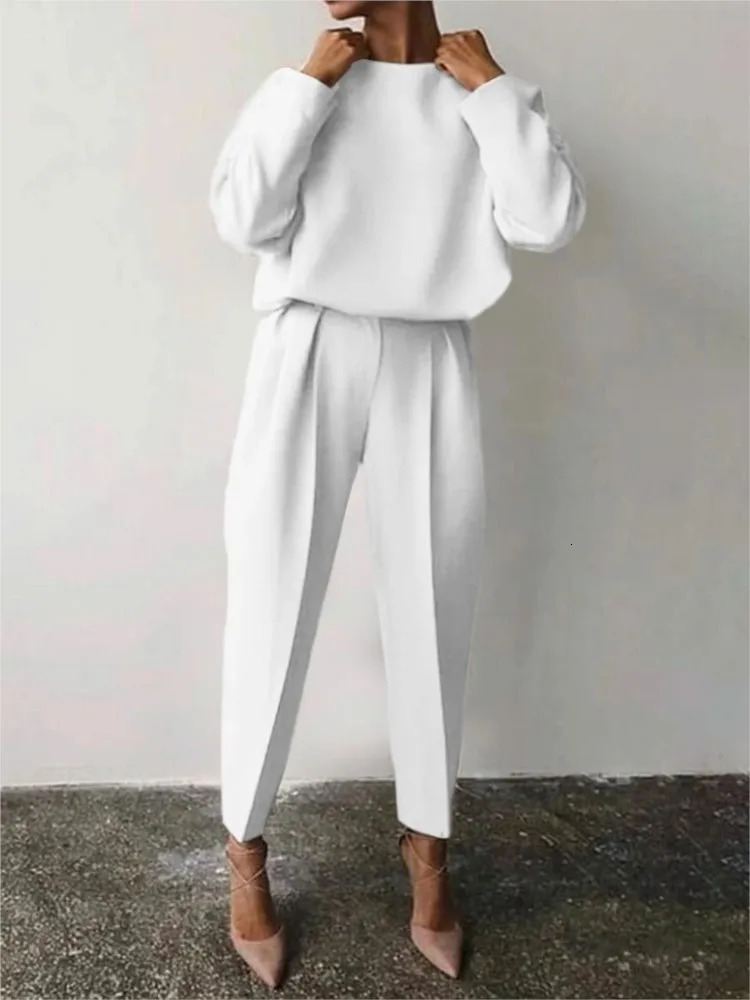 Womens Elegant Solid Color Two Piece Sets Casual O Neck Pullover Full Sleeve Tops Pants Suit 2 Set Woman Fashion Outfits 250206