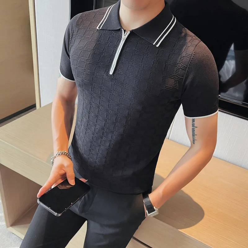 British Style Short Sleeve Tshirts Mens Plaid Knitted Polo Shirt Summer Zipper Decoration Casual Business Tee Tops Clothing 250207