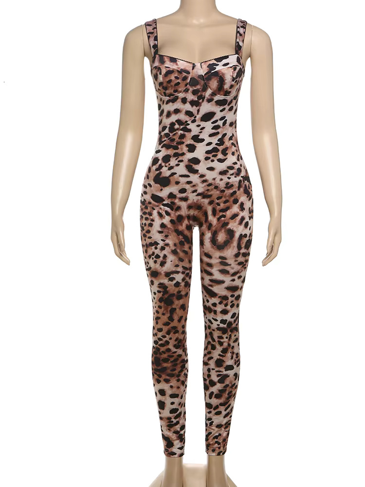 Nibber Leopard Print Jumpsuit Women Hottie Sexy Trend Sleeveless Street Fit Stretch Activity Workout Overalls