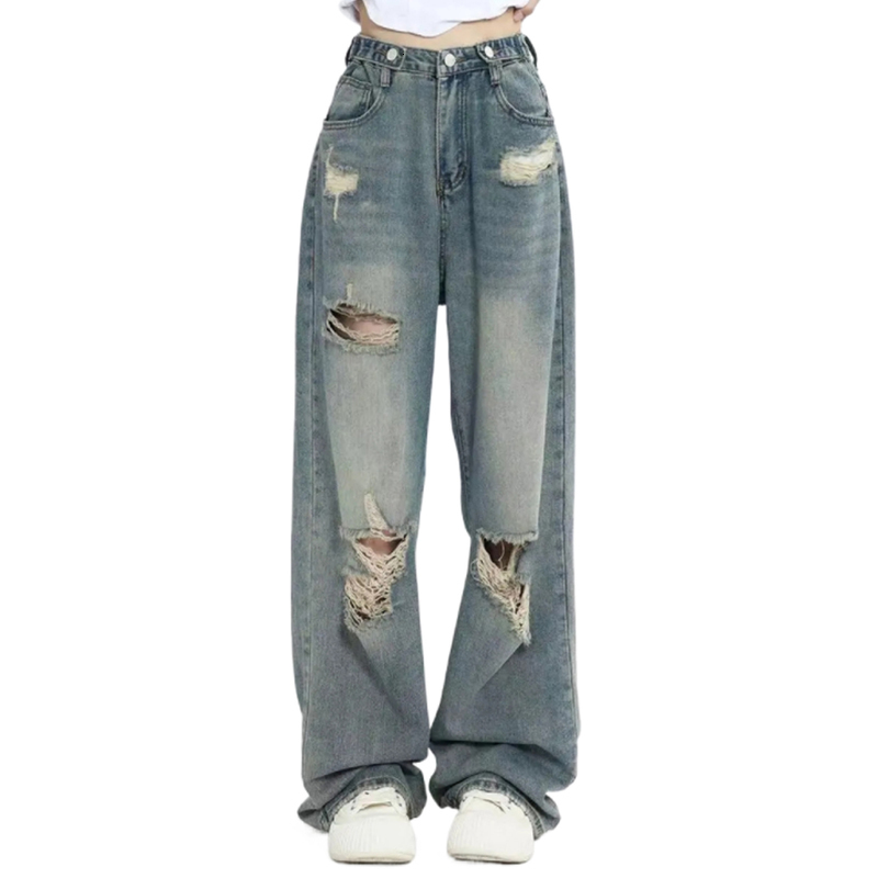 American Retro Holepunched Jean High Waist Straigrotch Loose Slim n Highstreet Vibe Widelegged Dragging Pants 250206