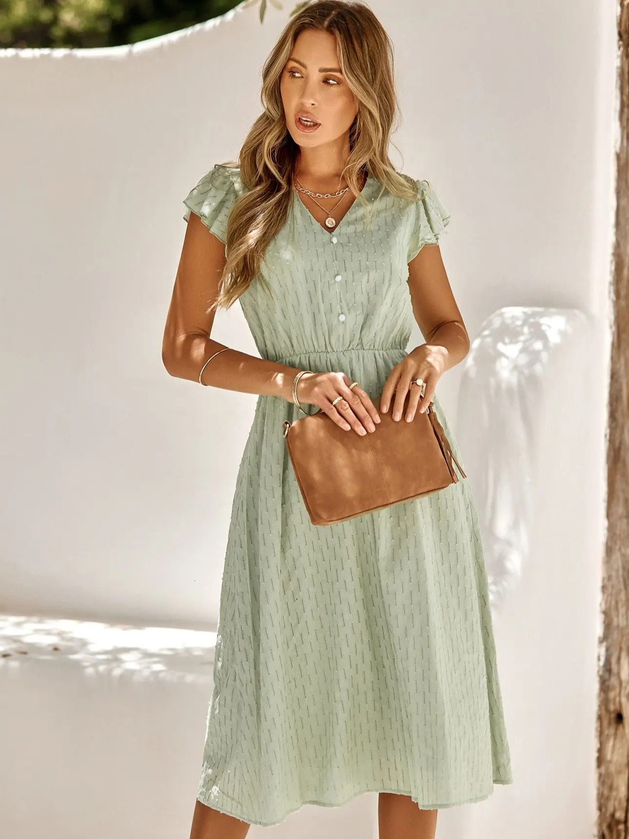 2023 Summer Dres Casual Solid Vneck High Waist Fresh Wind Midi Dresses for Women Elegant White Dress 250207