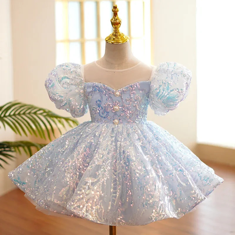 Kids Birthday Party Dresses for Little Girl Size 2 To 14 Years Prom Sequin Dress Gowns Sky Blue Evening Formal Frock 250114