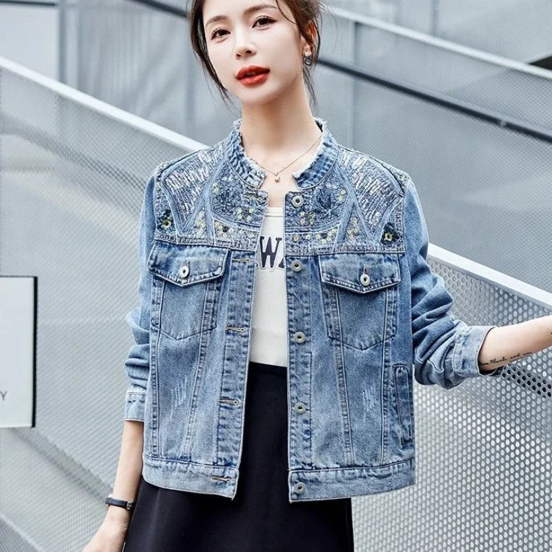 Spring Autumn Diamonds Denim Jacket for Women Crop Woman Jean Coat Short with Rhinestones Outerwear Patchwork Small Sequin Deals 250122