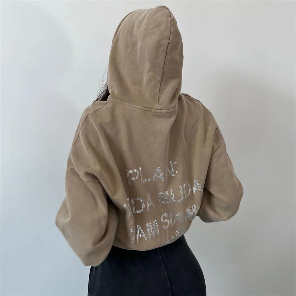 Autumn And Winter Women Clothing Harajuku Letter Retro Diamonds Y2k Distressed Hoodies Loose Causal Hooded Womens Sweatshirt 250110