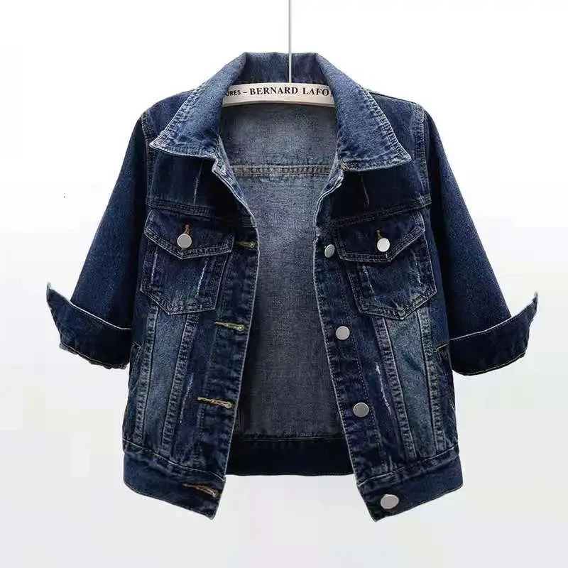 2024 Women Spring Autumn Denim Jacket Tops Pink Color Solid Short Multicolor Feminino Three Quarter Sleeve Jean 250208Z