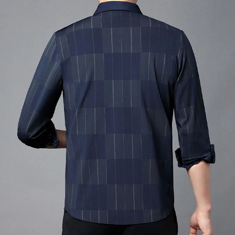 Mens Business Office Plaid Printed PoloNeck Shirt 2023 Fashion Male Clothes Long Sleeve Trend Casual Singlebreasted Shirts 250207