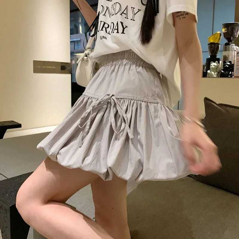 Rimocy Korean Ins Bowknot A Line Skirt Summer High Waist Lantern Mini Skirts Woman Solid Color Sweet Style Girls 250208Z