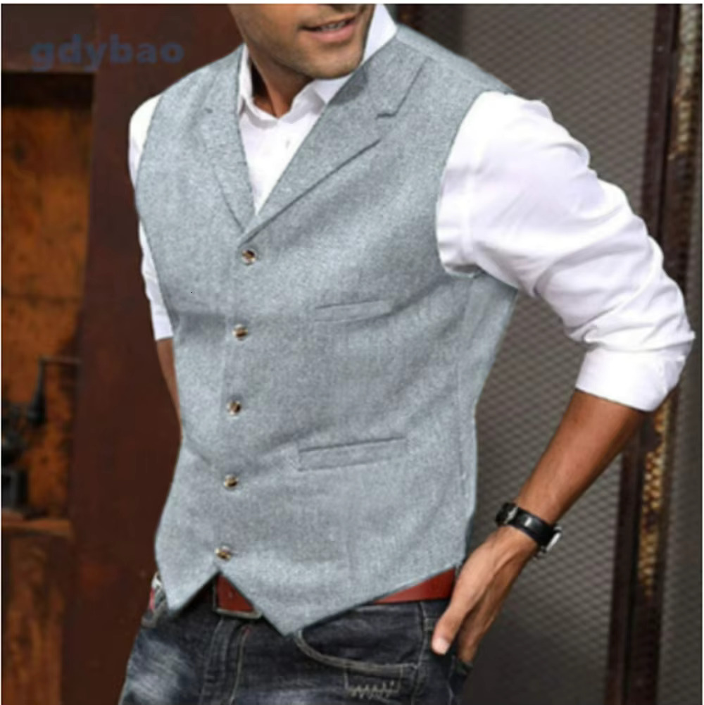 Men's Casual Classic Suit Vest V Neck Herringbone Tweed Slim Fit Business Waistcoat For Wedding