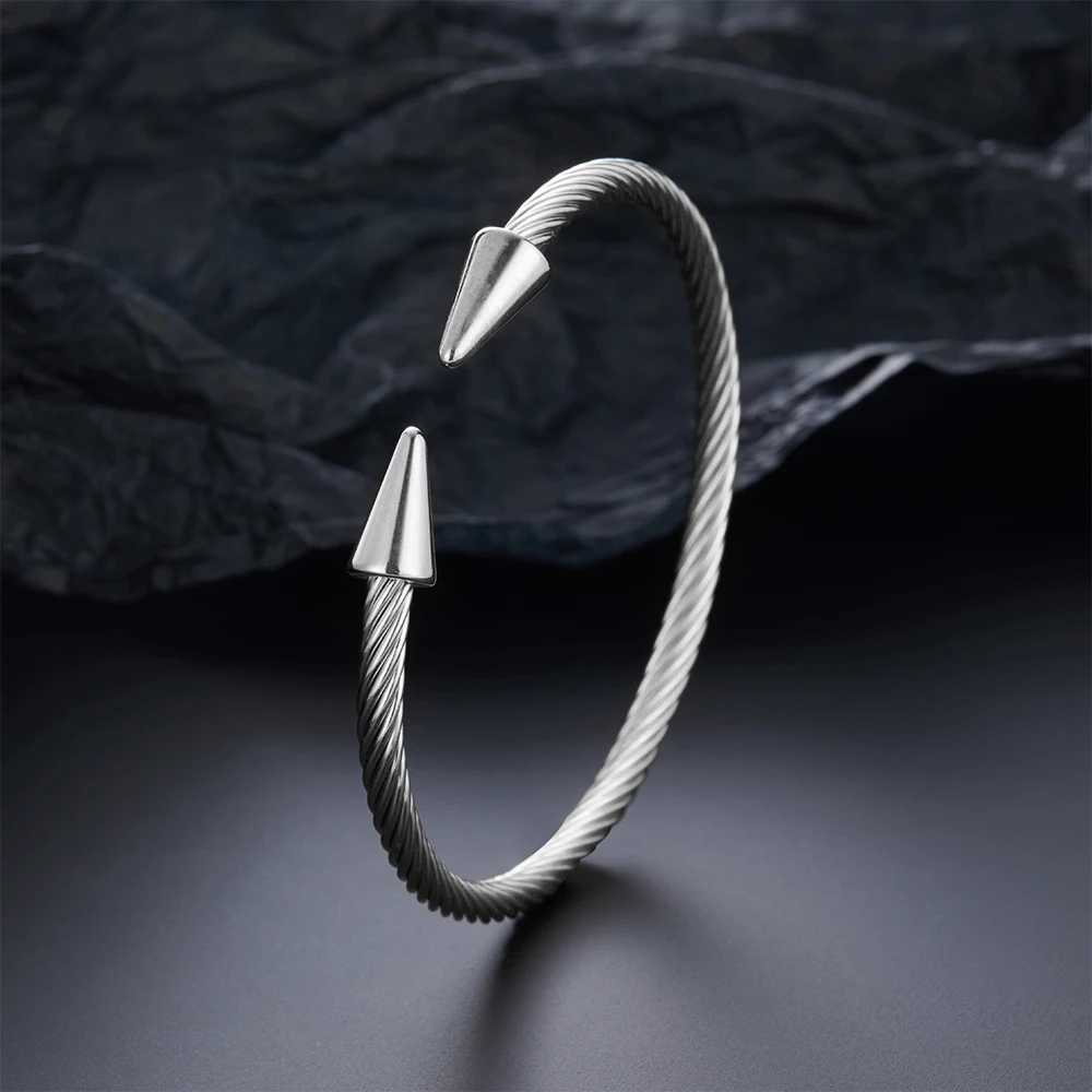 Two conical stainless steel C-shaped bracelets with twisted steel wire design classic punk style jewelry Y250208