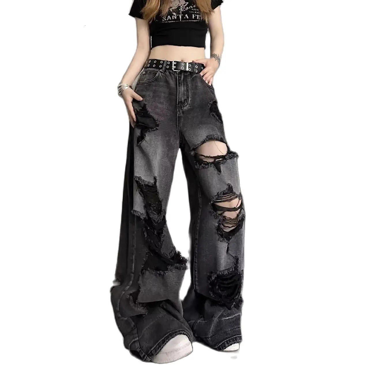 Vintage High Waist Denim Pants Ripped Jeans Women Fashion Loose Wide Leg Straight Pants Y2k Washed Streetwear Female 250206