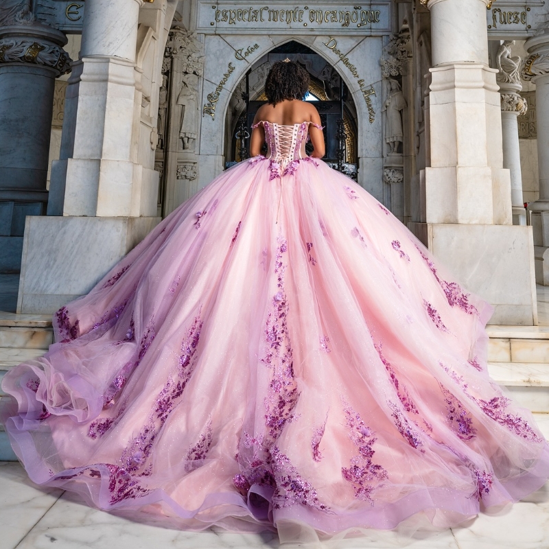 Pink Quinceanera Dresses Ball Gown Off The Shoulder Sequin Applique Lace Beading Crystal Tull Party Birthday Sweet 16 Dress Vestidos 15 anos