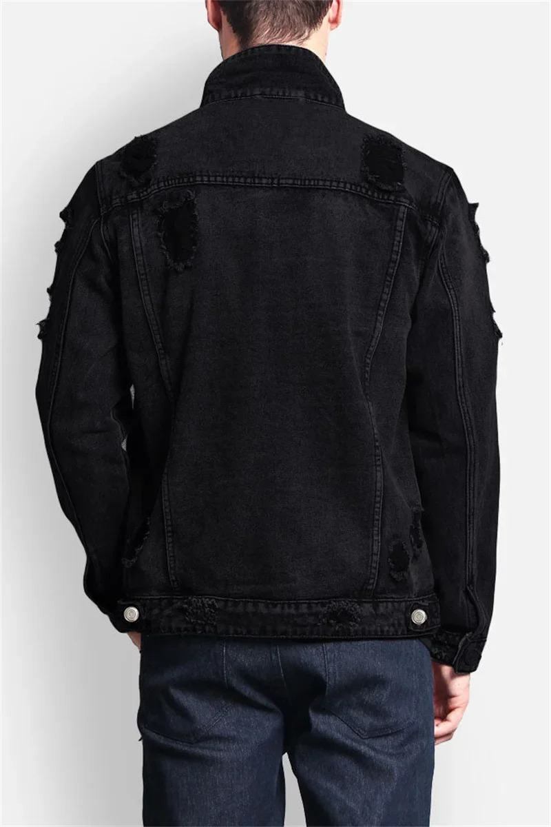 Fashion Trend Mens Broken Holes Denim Jacket Street Casual Male Youth Singlebreasted Splicing Pocket Long Sleeve Slim Fit Coat 250207