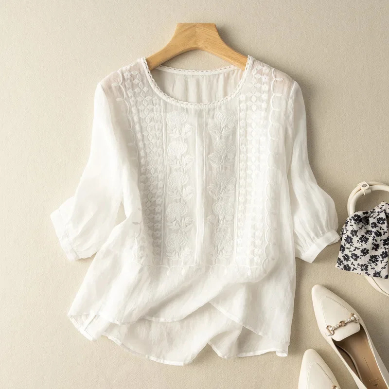 LooseFit Cotton Linen Summer Top 2023 Style Embroidered Vintage Shirt Womens Crew Neck Thin Version Large Size 250121