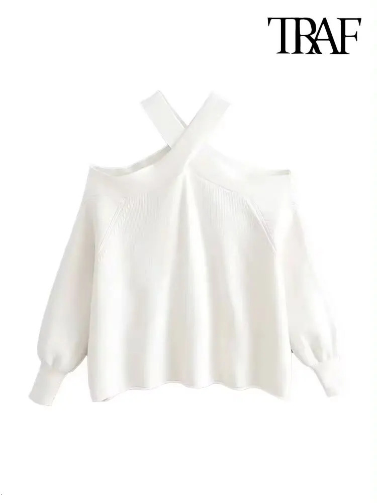 TRAF Women Fashion Loose Knit Halterneck Sweater Sexy Off Shoulder Long Sleeve Female Pullovers Chic Tops 250208