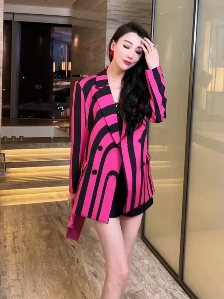 Rose Red Zebra Stripe Loose Womens Jacket Y2K European er Jacket Fashion Party Formal Aesthetic Coat Spring Casual 250207