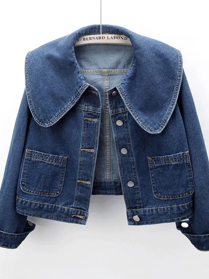 Peter Pan collar denim womens jacket Korean fashion long sleeved button up retro crop casual loose 250208Z
