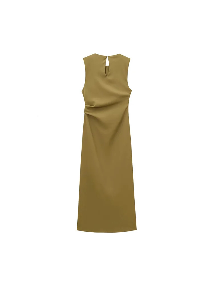 2024 autumn womens clothing fashion temperament slim with shoulder pads round neck sleeveless midi dress 250207