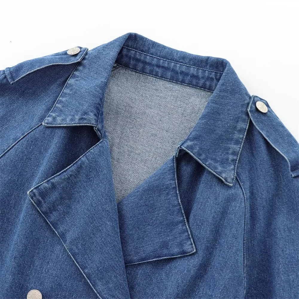 TRAF Autumn womens casual versatile lapel double breasted decoration with belt double breasted denim jacket 250122
