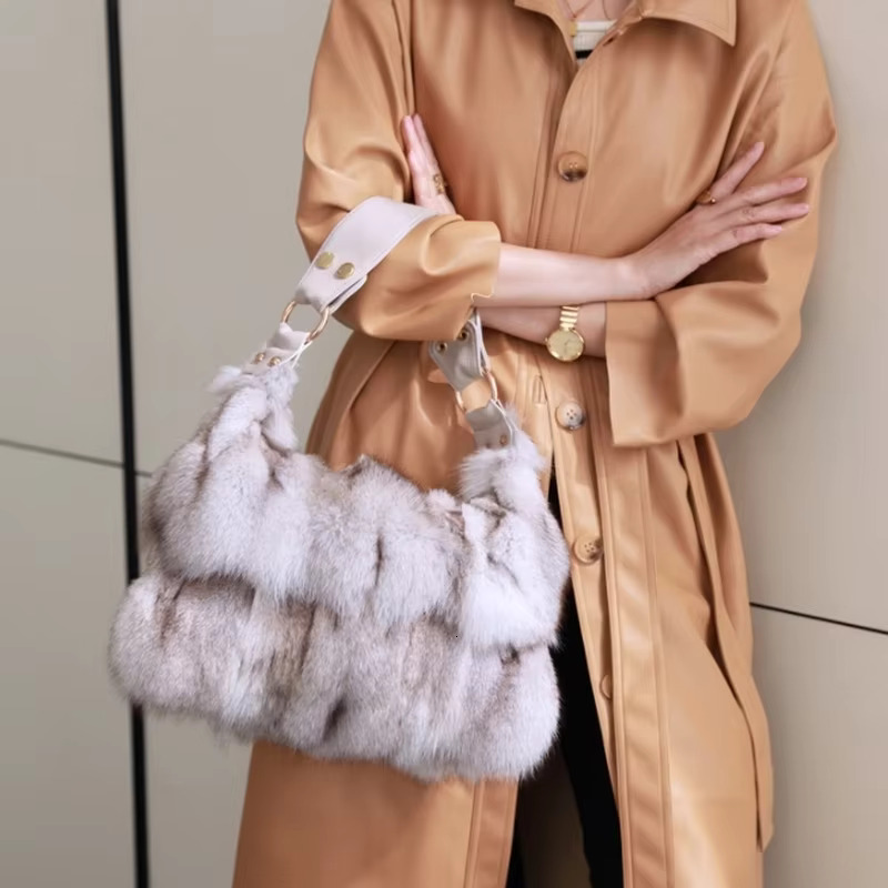 FXFURS 2021 New Real Women Message Single Shoulder Crossbody Bags Sier Fox Fur Large Lady Clutch Bag