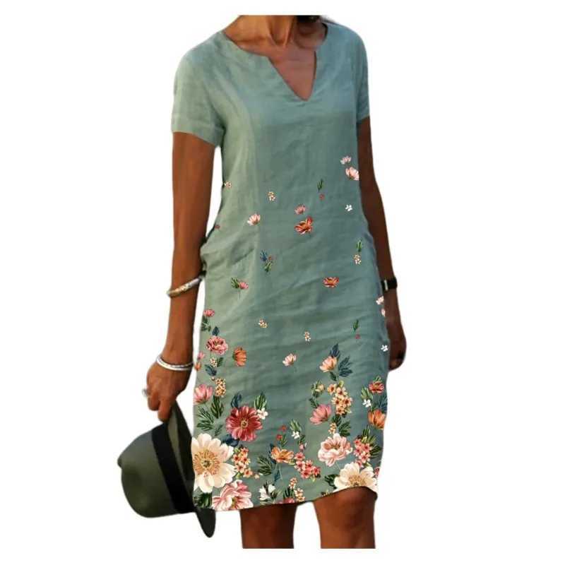 New Retro Womens Floral Printed Cotton Linen Short Swed Mid To Long V-neck Dress For Womens Ele Slim Fit A-line Skirt W250208