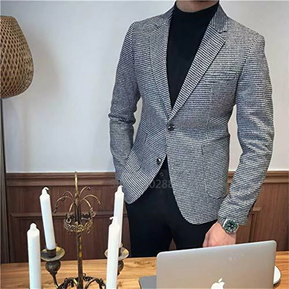 2024 British Style Slim Fit Houndstooth Blazer For Men Fashion Single Breasted Business Office Wedding Dress Suit Jacket