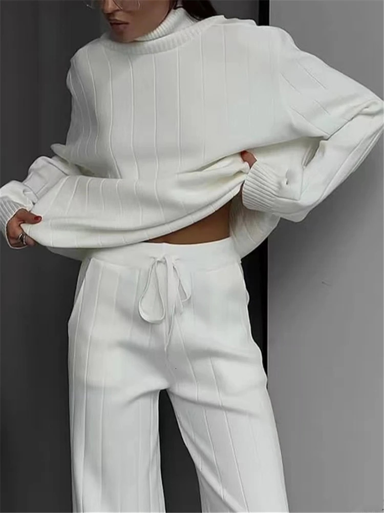 EFT Autumn Winter 2 Pieces White Womens Sets Knitted Tracksuit Turtleneck Sweater and Straight Jogging Pant Suits 250207