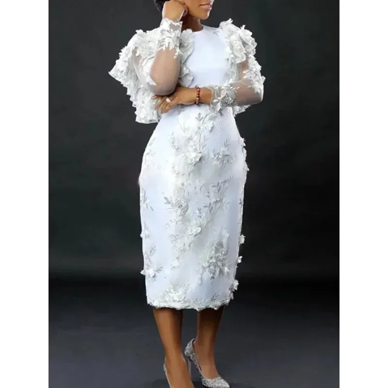 White Appliques Flower Dres Embroidery Midi Dresses Elegant Ruffles Tulle Long Sleeve Birthday Wedding Outfits 250207