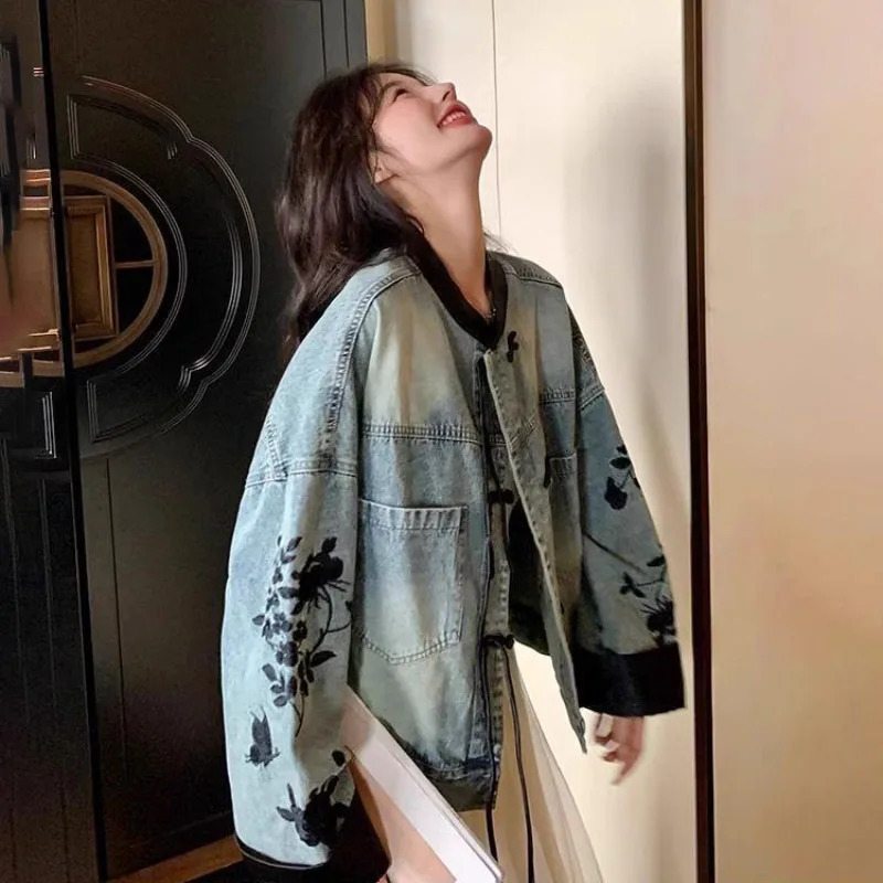 Chic Denim Jacket Womens Outwear 2024 Spring Autumn Chinese Loose Embroidered Plus Size 3XL Jeans Short Coat Tops 250208Z