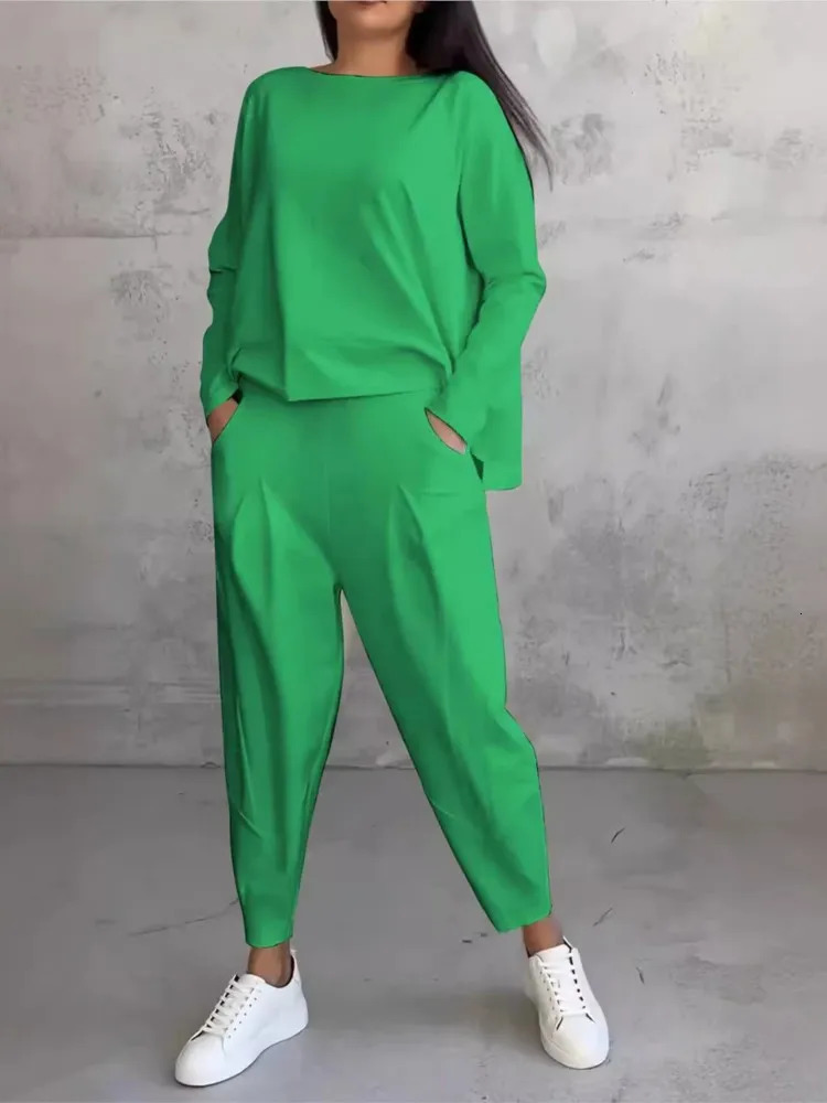 Autumn Winter Solid Color Pants Set Fashion Irregular Long Sleeve Tops Harem Two Piece Casual Female Clothing 250206
